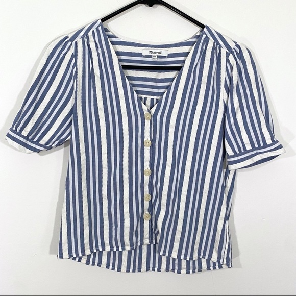 Madewell Plaza Button-Front Shirt in Stripe V Neck Short Sleeve Blue White XXS - Picture 2 of 5